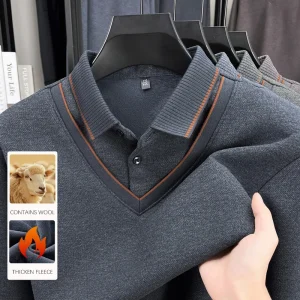 BROWON 2025 Men's Winter Polo Shirt Warm Thick Fleece Long Sleeve Lapel Collar Mid-aged Fake Two-Piece T-Shirt for Men