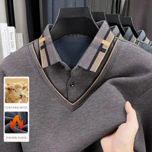 BROWON Men's Thick Fleece T-Shirt Winter Fashion Spliced Color Design Turn-down Collar Fake Two-Piece Style Male Top Wear