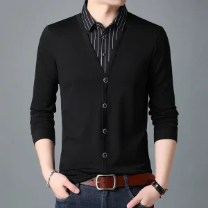 BROWON New Fashion Patchwork Fake Two Designer Men T-Shirt Long Sleeve Striped Turn-down Collar Men Oversized T Shirt Clothes
